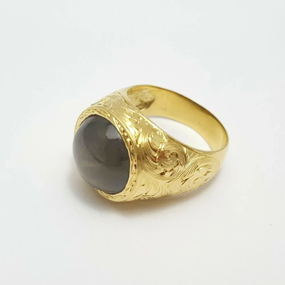 Yellow Gold 18K Karat Designer Gold Ring w/ Greenish Gray Sapphire GIA Certified